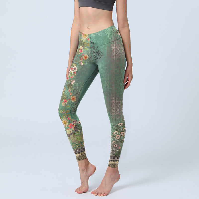 Leggings de yoga para mujer con estampado de damasco y encaje con guirnalda floral vintage de Buddha Stones - Verde mar medio - US18，UK/AU22，EU50 (4XL) - image 0