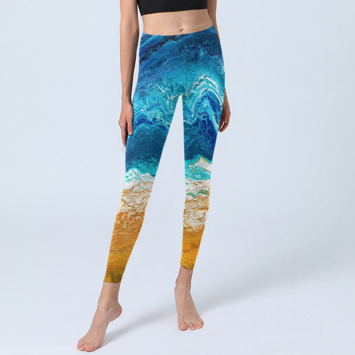Leggings de yoga para mujer con estampado de olas del océano y Buddha Stones en la costa dorada - image 5