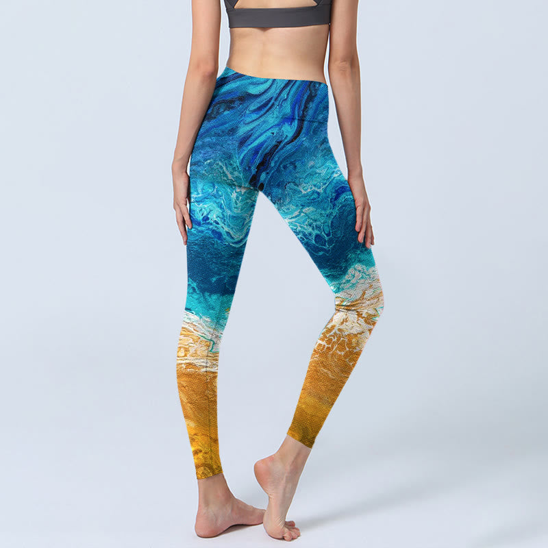 Leggings de yoga para mujer con estampado de olas del océano y Buddha Stones en la costa dorada - image 4