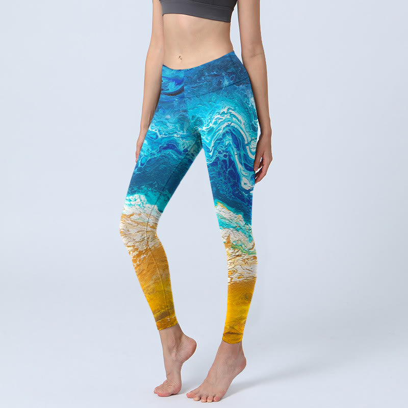 Leggings de yoga para mujer con estampado de olas del océano y Buddha Stones en la costa dorada - Azul medio - US18，UK/AU22，EU50 (4XL) - image 1