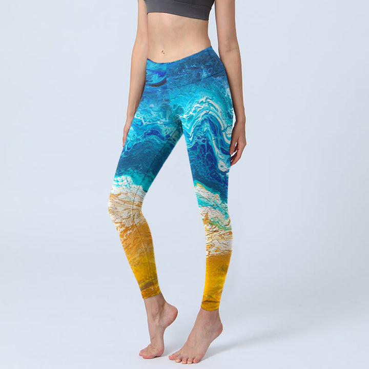 Leggings de yoga para mujer con estampado de olas del océano y Buddha Stones en la costa dorada - Azul medio - US18，UK/AU22，EU50 (4XL) - image 1