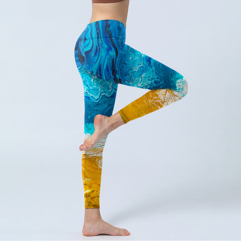 Leggings de yoga para mujer con estampado de olas del océano y Buddha Stones en la costa dorada - image 4