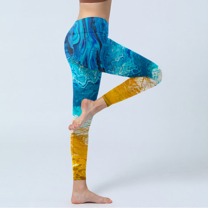 Leggings de yoga para mujer con estampado de olas del océano y Buddha Stones en la costa dorada - image 5