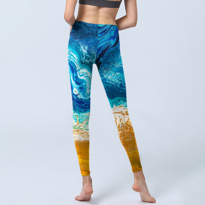 Leggings de yoga para mujer con estampado de olas del océano y Buddha Stones en la costa dorada - image 6