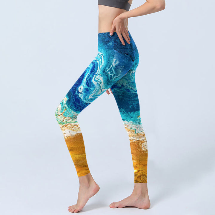Leggings de yoga para mujer con estampado de olas del océano y Buddha Stones en la costa dorada - image 3