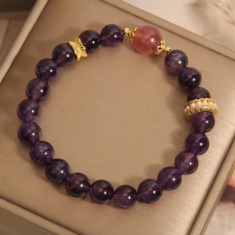 Pulsera de la paz con cuentas de cuarzo fresa de la suerte y amatista natural de Buddha Stones