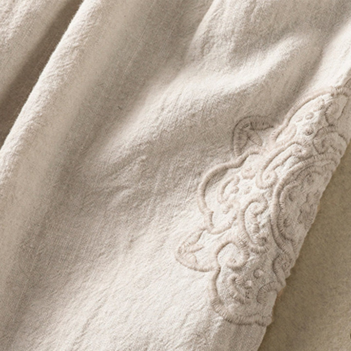 Pantalones harén de algodón y lino con bordado informal de Buddha Stones para mujer, de largo 7-8, con bolsillos - image 11