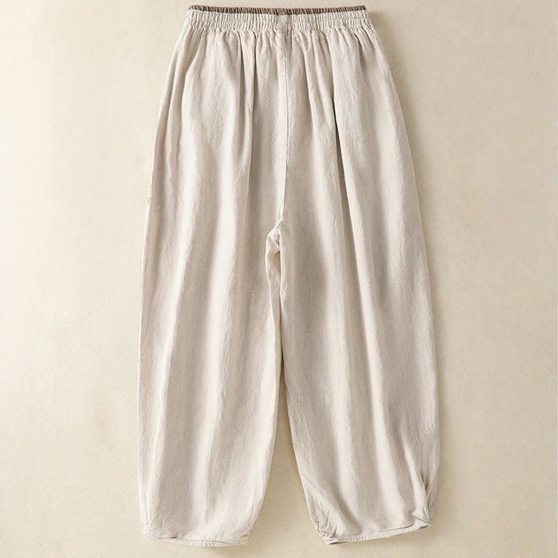 Pantalones harén de algodón y lino con bordado informal de Buddha Stones para mujer, de largo 7-8, con bolsillos - image 7
