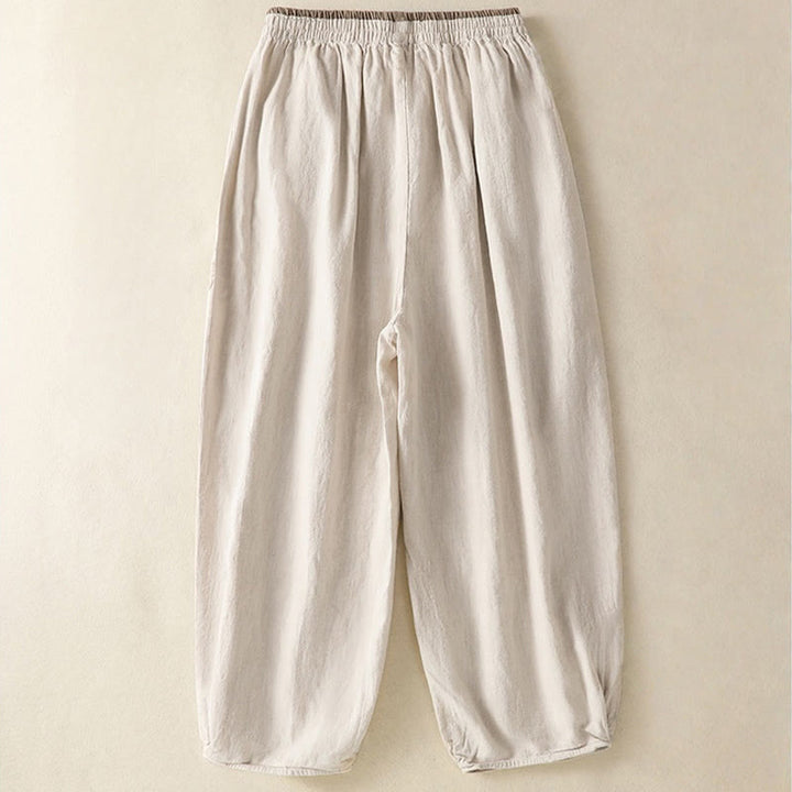Pantalones harén de algodón y lino con bordado informal de Buddha Stones para mujer, de largo 7-8, con bolsillos - image 7