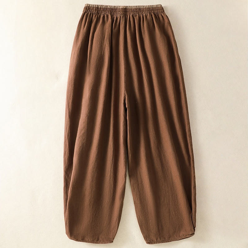 Pantalones harén de algodón y lino con bordado informal de Buddha Stones para mujer, de largo 7-8, con bolsillos - image 24