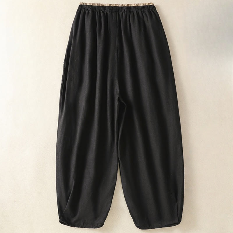 Pantalones harén de algodón y lino con bordado informal de Buddha Stones para mujer, de largo 7-8, con bolsillos - image 30