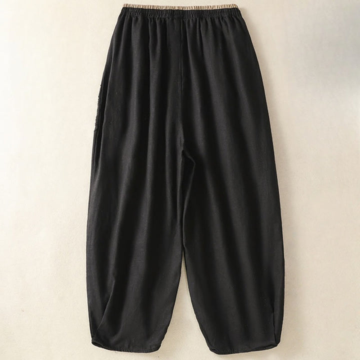 Pantalones harén de algodón y lino con bordado informal de Buddha Stones para mujer, de largo 7-8, con bolsillos - image 30