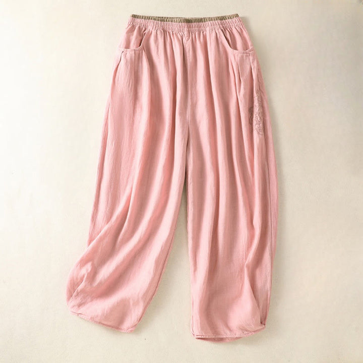 Pantalones harén de algodón y lino con bordado informal de Buddha Stones para mujer, de largo 7-8, con bolsillos - Rosa claro - US8-10，UK/AU12-14，EU40-42 (2XL) - image 16