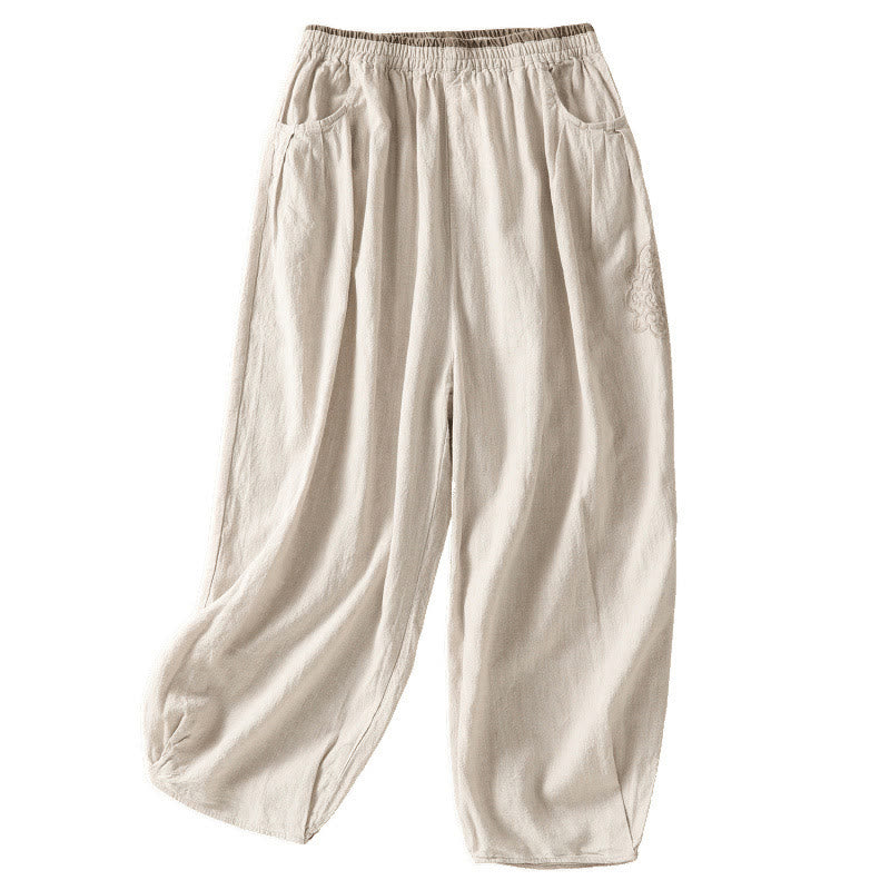 Pantalones harén de algodón y lino con bordado informal de Buddha Stones para mujer, de largo 7-8, con bolsillos - image 15