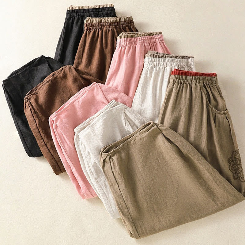 Pantalones harén de algodón y lino con bordado informal de Buddha Stones para mujer, de largo 7-8, con bolsillos - image 36