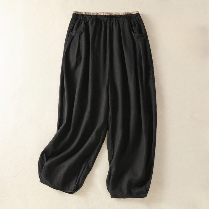 Pantalones harén de algodón y lino con bordado informal de Buddha Stones para mujer, de largo 7-8, con bolsillos - Negro - US8-10，UK/AU12-14，EU40-42 (2XL) - image 29