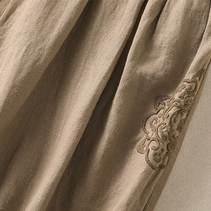 Pantalones harén de algodón y lino con bordado informal de Buddha Stones para mujer, de largo 7-8, con bolsillos - image 4