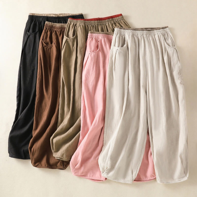 Pantalones harén de algodón y lino con bordado informal de Buddha Stones para mujer, de largo 7-8, con bolsillos - image 35
