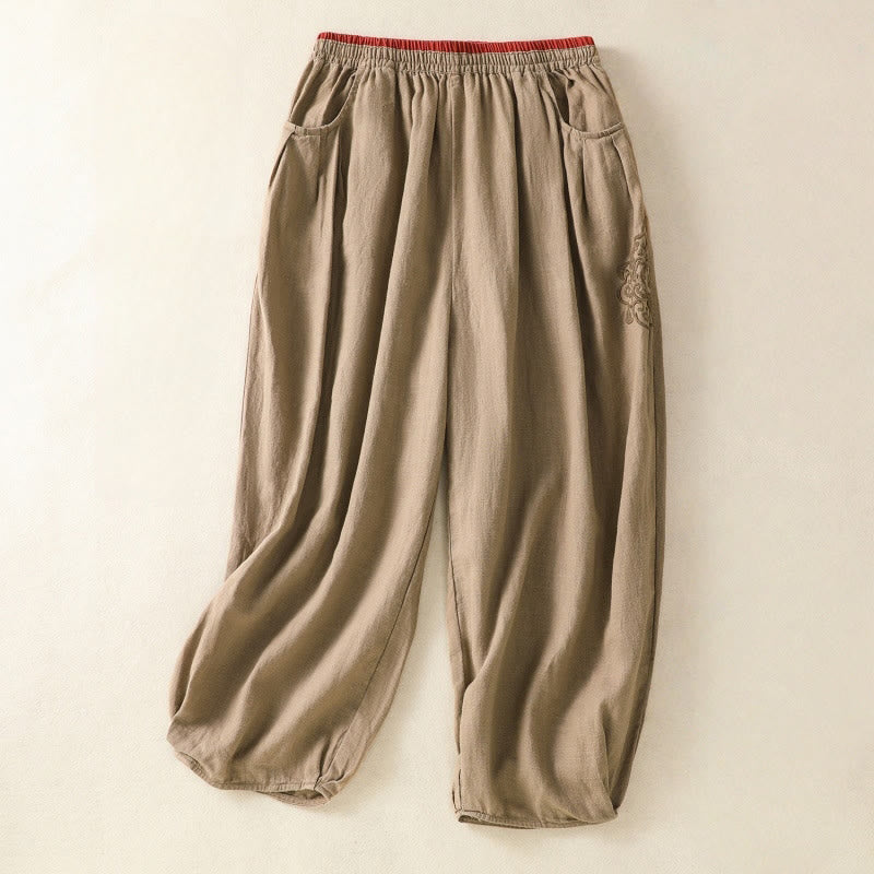 Pantalones harén de algodón y lino con bordado informal de Buddha Stones para mujer, de largo 7-8, con bolsillos - BurlyWood - US8-10，UK/AU12-14，EU40-42 (2XL) - image 0