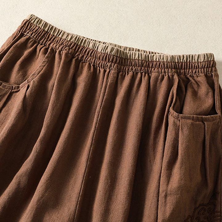 Pantalones harén de algodón y lino con bordado informal de Buddha Stones para mujer, de largo 7-8, con bolsillos - image 26