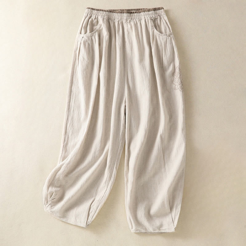 Pantalones harén de algodón y lino con bordado informal de Buddha Stones para mujer, de largo 7-8, con bolsillos - Lino - US8-10，UK/AU12-14，EU40-42 (2XL) - image 6