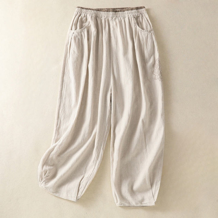 Pantalones harén de algodón y lino con bordado informal de Buddha Stones para mujer, de largo 7-8, con bolsillos - Lino - US8-10，UK/AU12-14，EU40-42 (2XL) - image 6