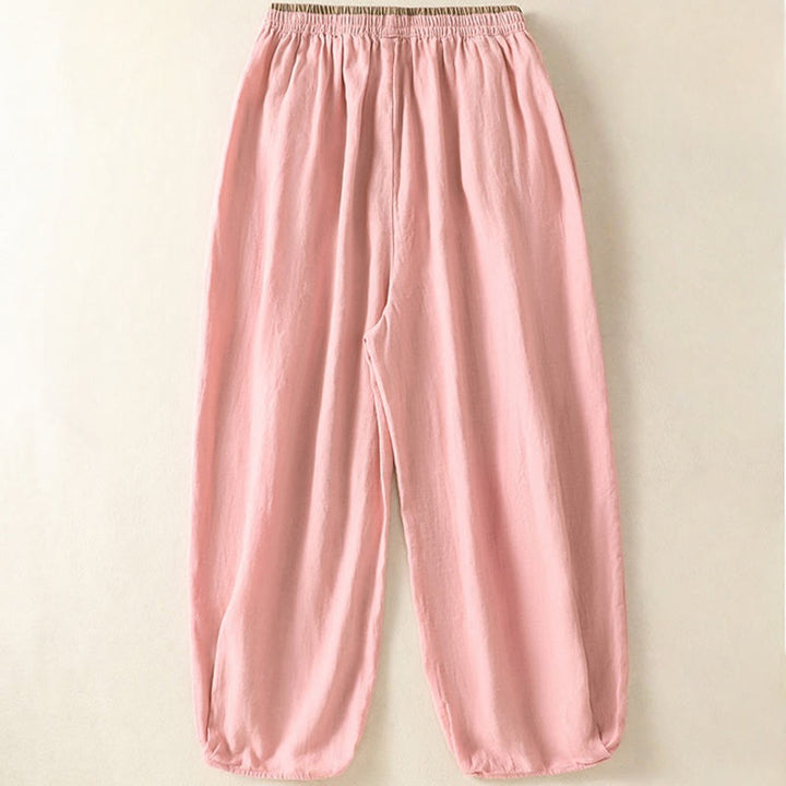 Pantalones harén de algodón y lino con bordado informal de Buddha Stones para mujer, de largo 7-8, con bolsillos - image 17