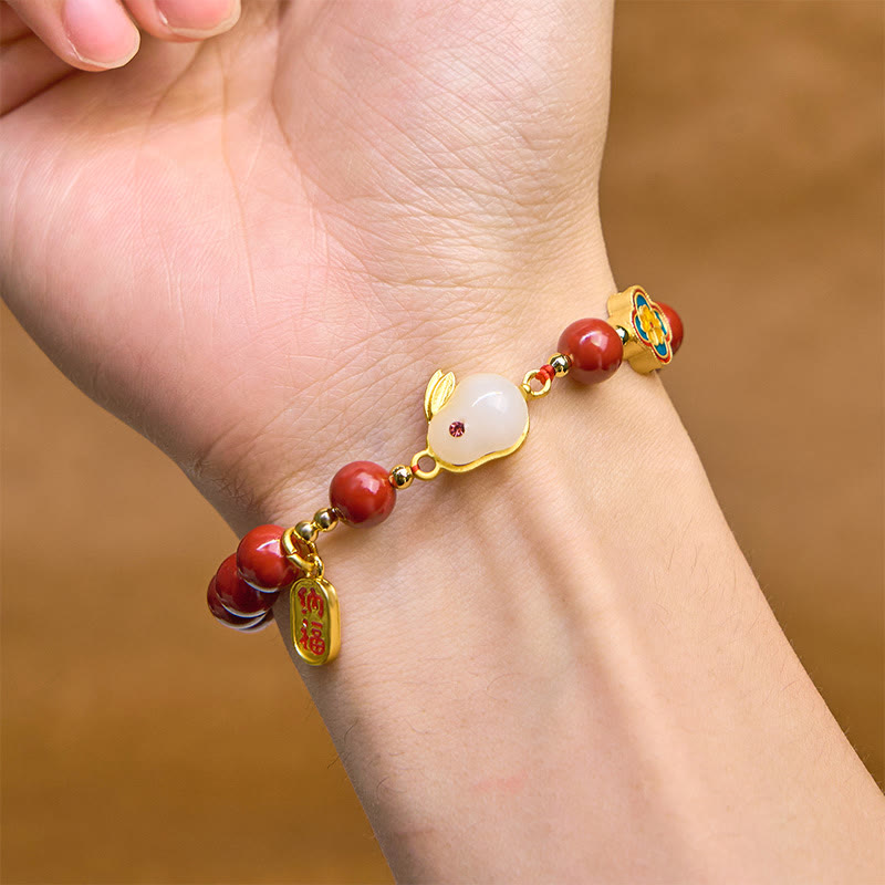 Pulsera de Buddha Stones con cinabrio y carácter de conejo Fu