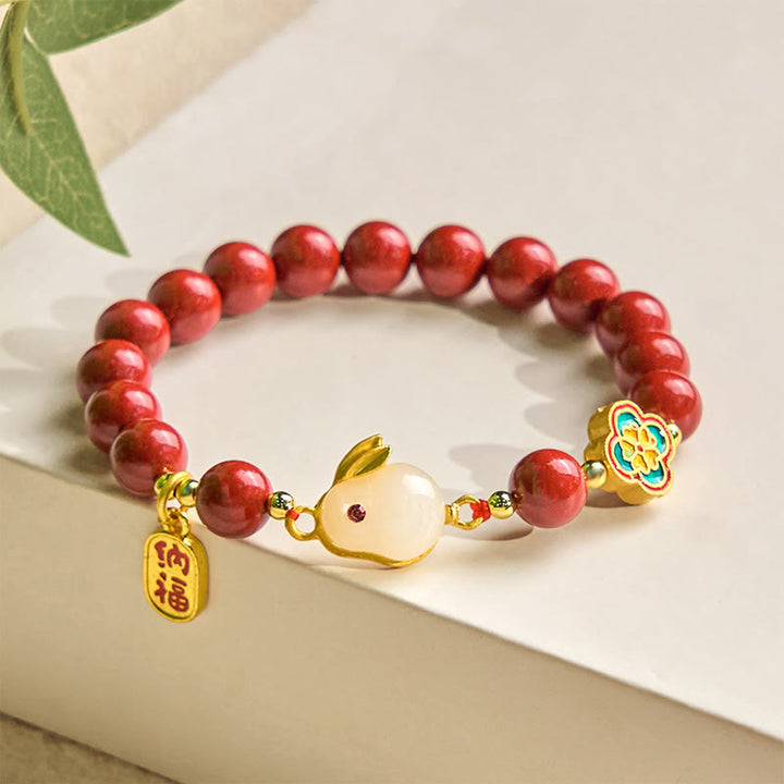 Pulsera de Buddha Stones con cinabrio y carácter de conejo Fu
