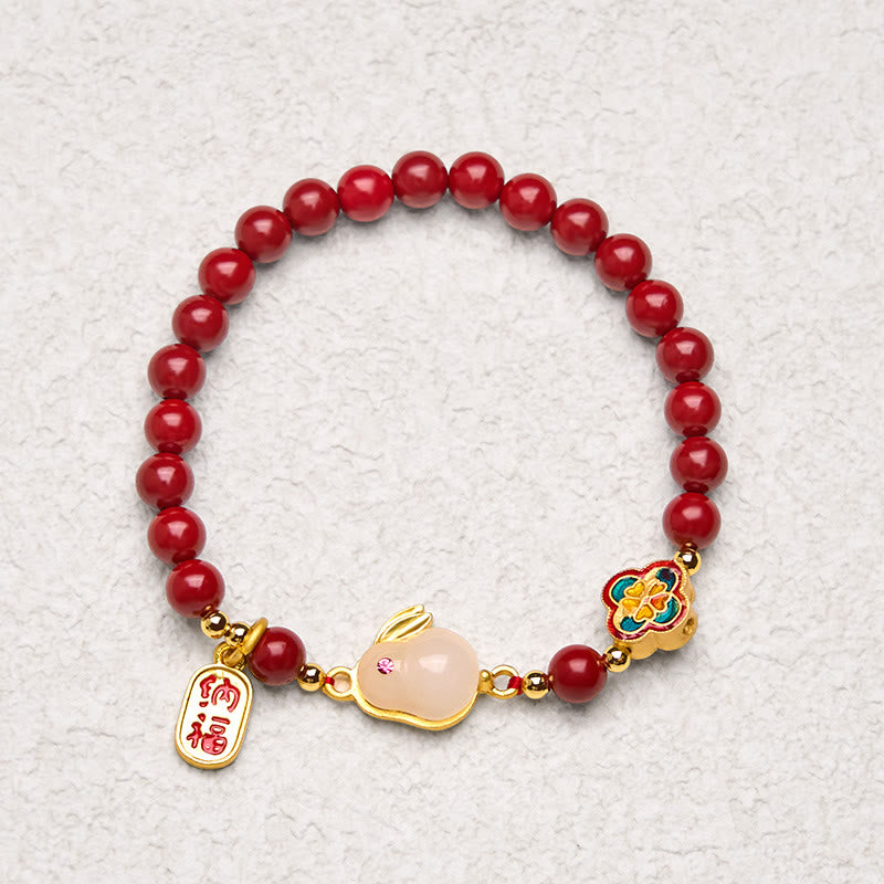 Pulsera de Buddha Stones con cinabrio y carácter de conejo Fu