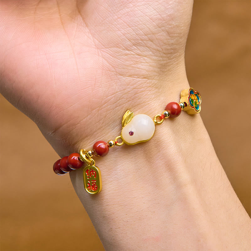 Pulsera de Buddha Stones con cinabrio y carácter de conejo Fu