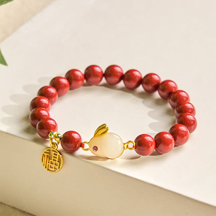 Pulsera de bendición con el personaje Fu de conejo cinabrio y Buddha Stones