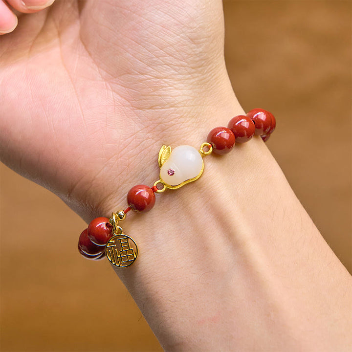 Pulsera de bendición con el personaje Fu de conejo cinabrio y Buddha Stones