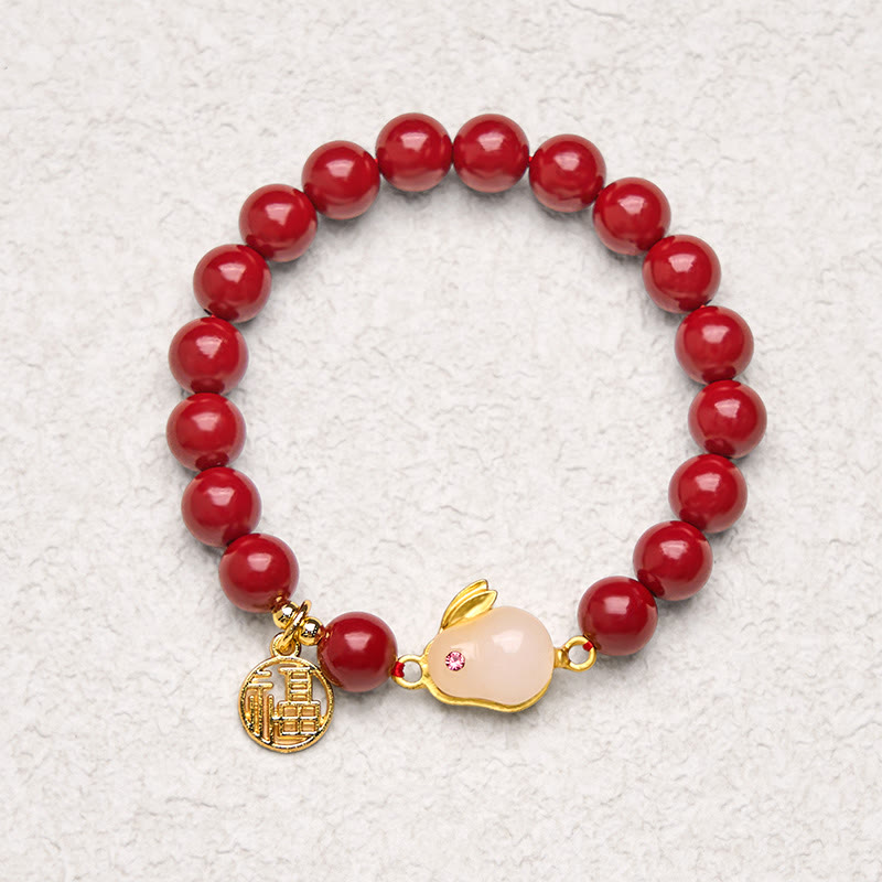 Pulsera de bendición con el personaje Fu de conejo cinabrio y Buddha Stones