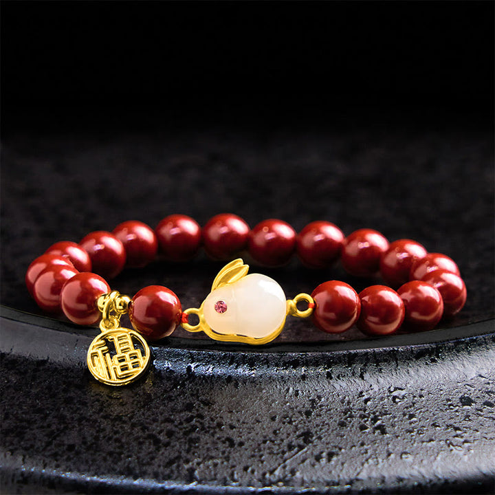Pulsera de bendición con el personaje Fu de conejo cinabrio y Buddha Stones
