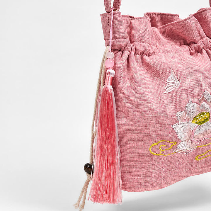 Bolso bandolera de lino y algodón con loto rosa claro bordado con Buddha Stones