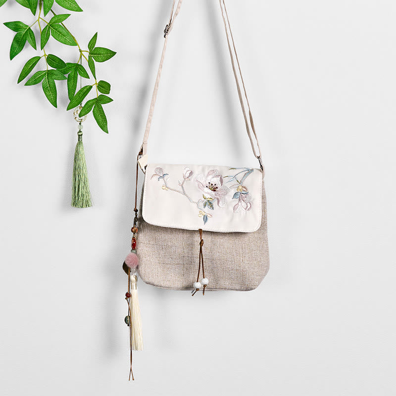 Mochila de lona de poliéster de gran capacidad con bordado de magnolia y Buddha Stones, hecha a mano
