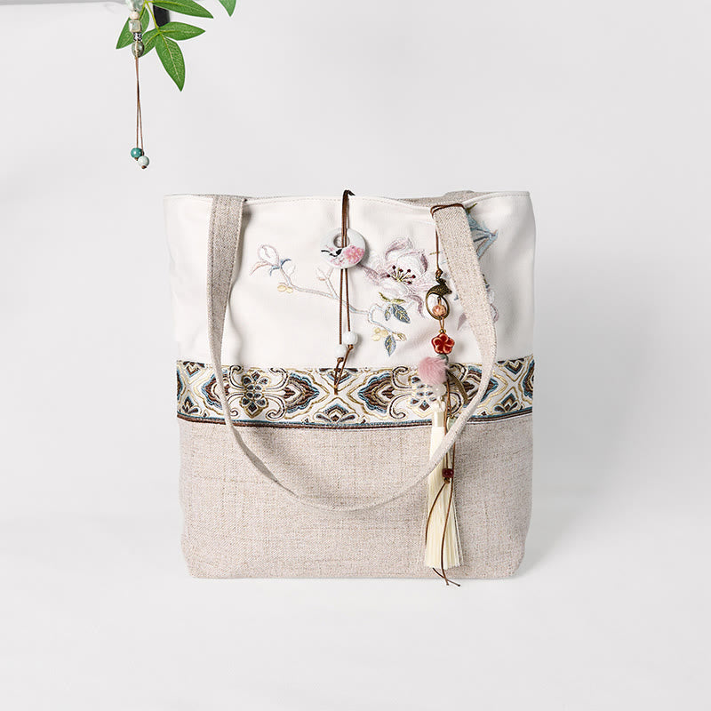 Bolso de hombro de lona y poliéster con bordado de magnolia y Buddha Stones