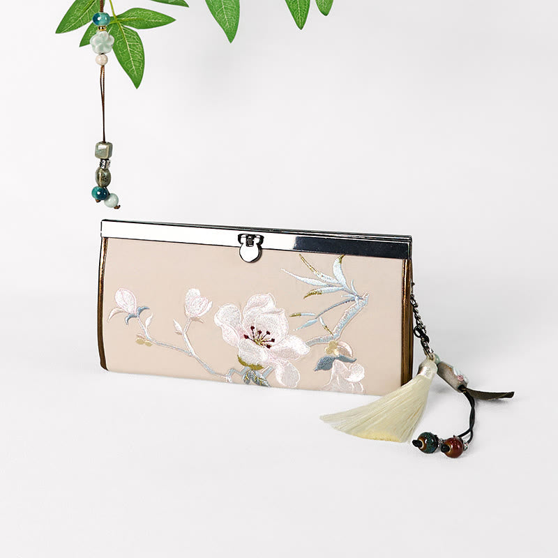 Cartera portamonedas de gran capacidad con bordado de doble cara y flor de magnolia de Buddha Stones