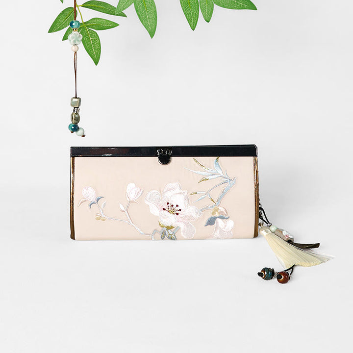 Cartera portamonedas de gran capacidad con bordado de doble cara y flor de magnolia de Buddha Stones