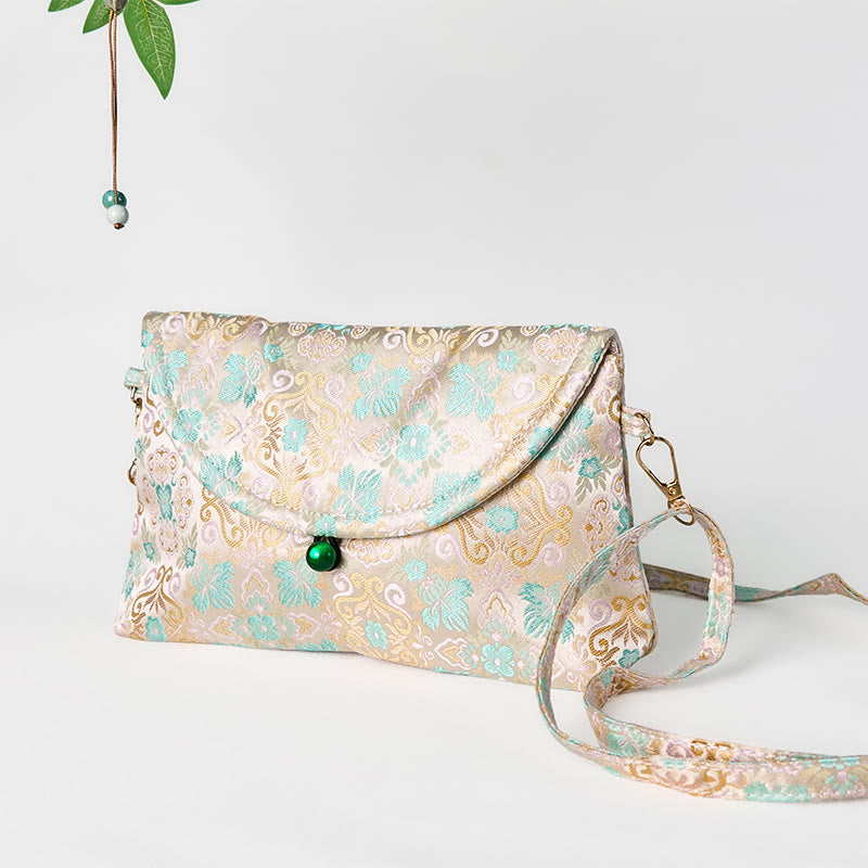 Bolso bandolera de poliéster y algodón con bordado de flores retro y Buddha Stones