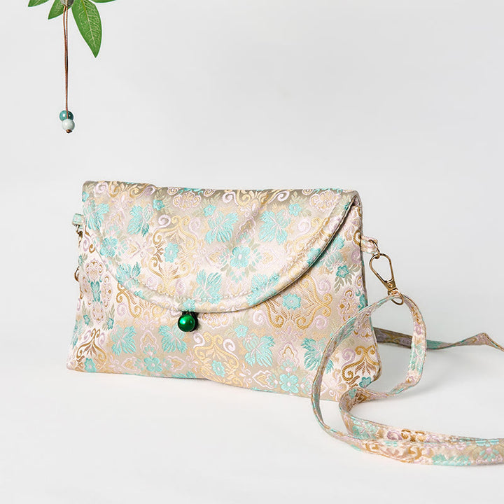 Bolso bandolera de poliéster y algodón con bordado de flores retro y Buddha Stones