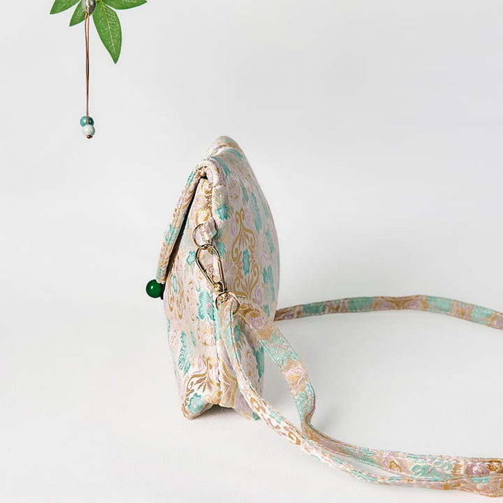 Bolso bandolera de poliéster y algodón con bordado de flores retro y Buddha Stones