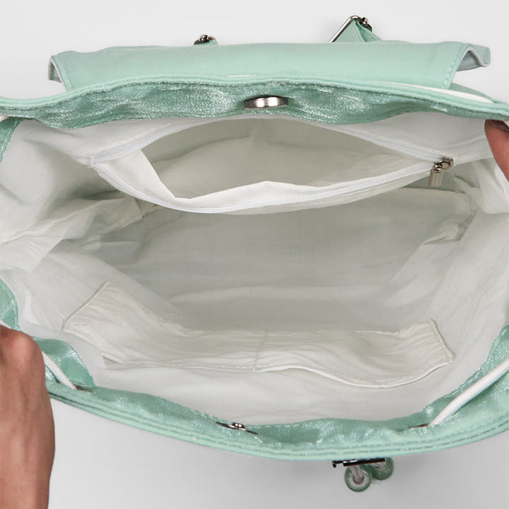 Mochila de lona de gran capacidad con bordado de flores de peonía verde hechas a mano con Buddha Stones