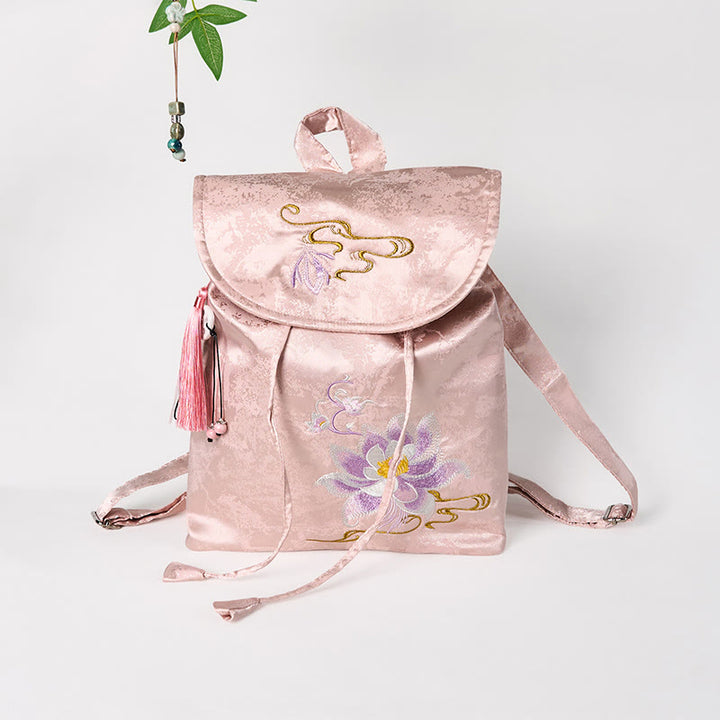 Mochila de poliéster y algodón de gran capacidad con bordado de loto rosa y Buddha Stones , hecha a mano