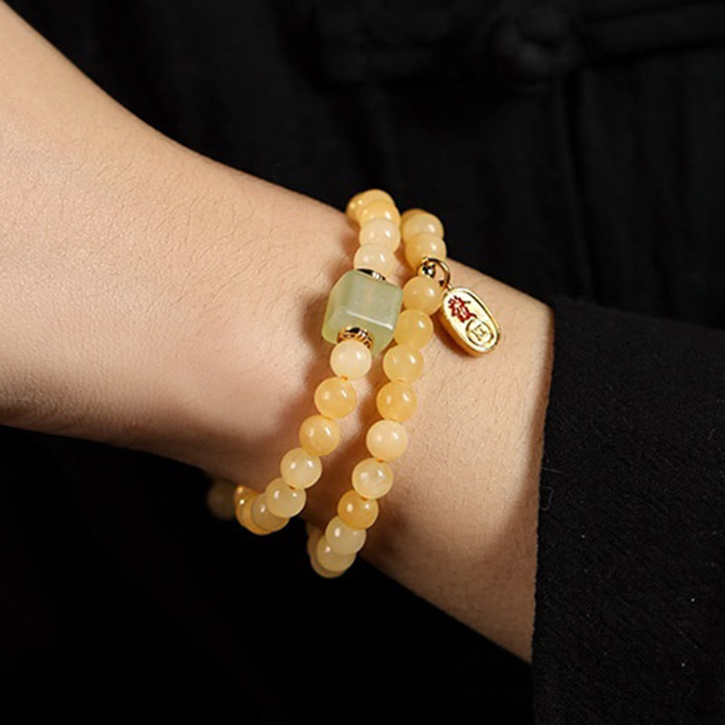 Pulsera de riqueza con doble círculo de cubo de jade y cuentas de topacio de Buddha Stones