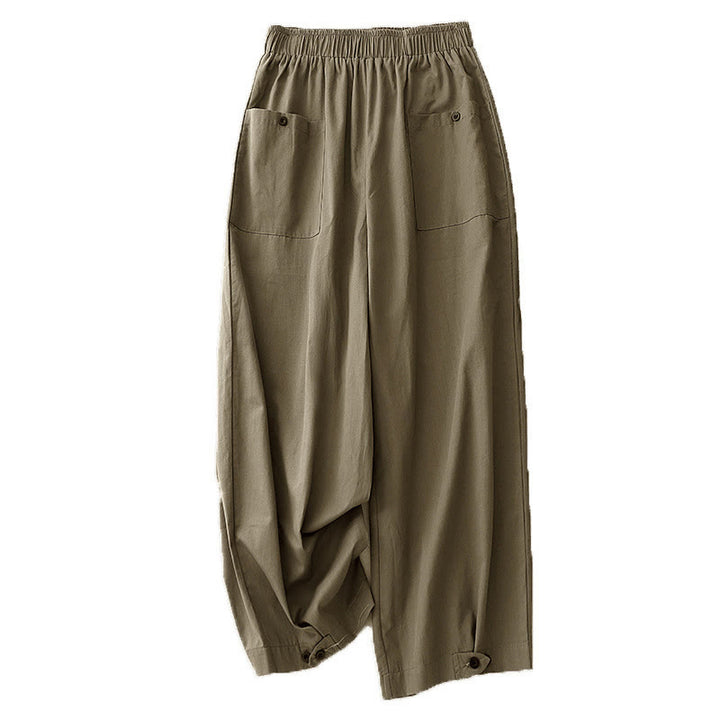 Pantalones de algodón de pierna ancha para mujer con diseño de botones, estilo vintage casual y bolsillos, con estampado de Buddha Stones - image 13