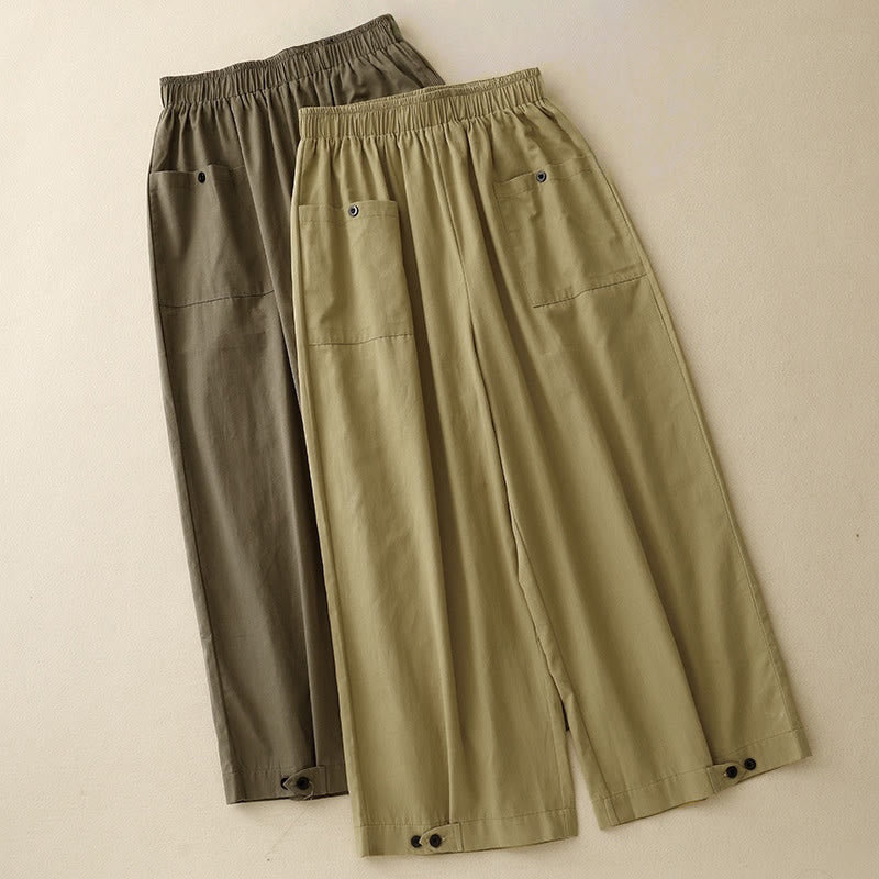 Pantalones de algodón de pierna ancha para mujer con diseño de botones, estilo vintage casual y bolsillos, con estampado de Buddha Stones - image 14