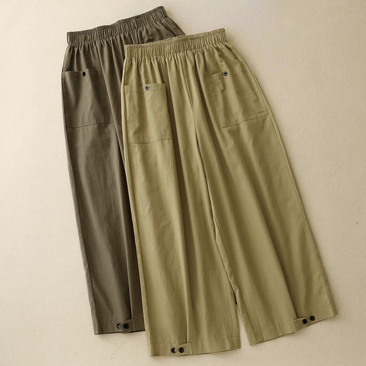 Pantalones de algodón de pierna ancha para mujer con diseño de botones, estilo vintage casual y bolsillos, con estampado de Buddha Stones - image 14