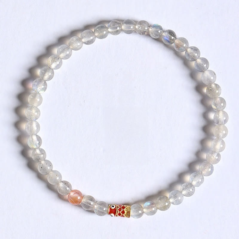 Buddha Stones Pulsera curativa ultrafina de piedra lunar con pez koi